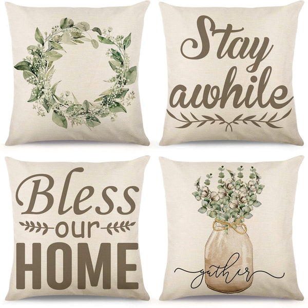 Set of 4 Decorative Spring Wreath Pillow Covers 18 x 18 - Summer Floral Leaves Bless Home