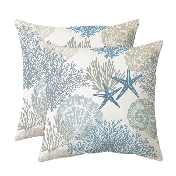Nautical Coastal Throw Pillow Covers 18x18 Set of 2 Beach Themed Ocean Seashell Coral Starfish