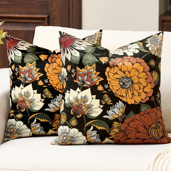 Black Boho Floral Velvet Throw Pillow Covers 18x18 Inch Set of 2 Farmhouse Vintage Cushion Covers