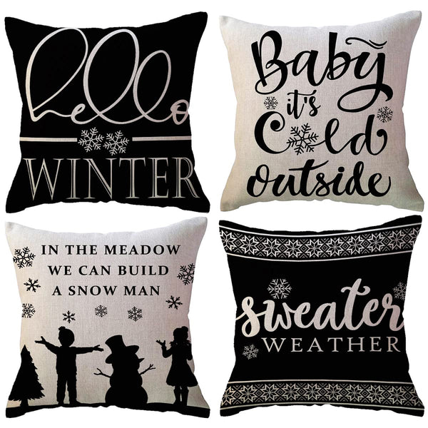 4Pack Hello Winter Throw Pillow Cover 18x18 Inches Black Sweater Weather/Snowflake Christmas Decor