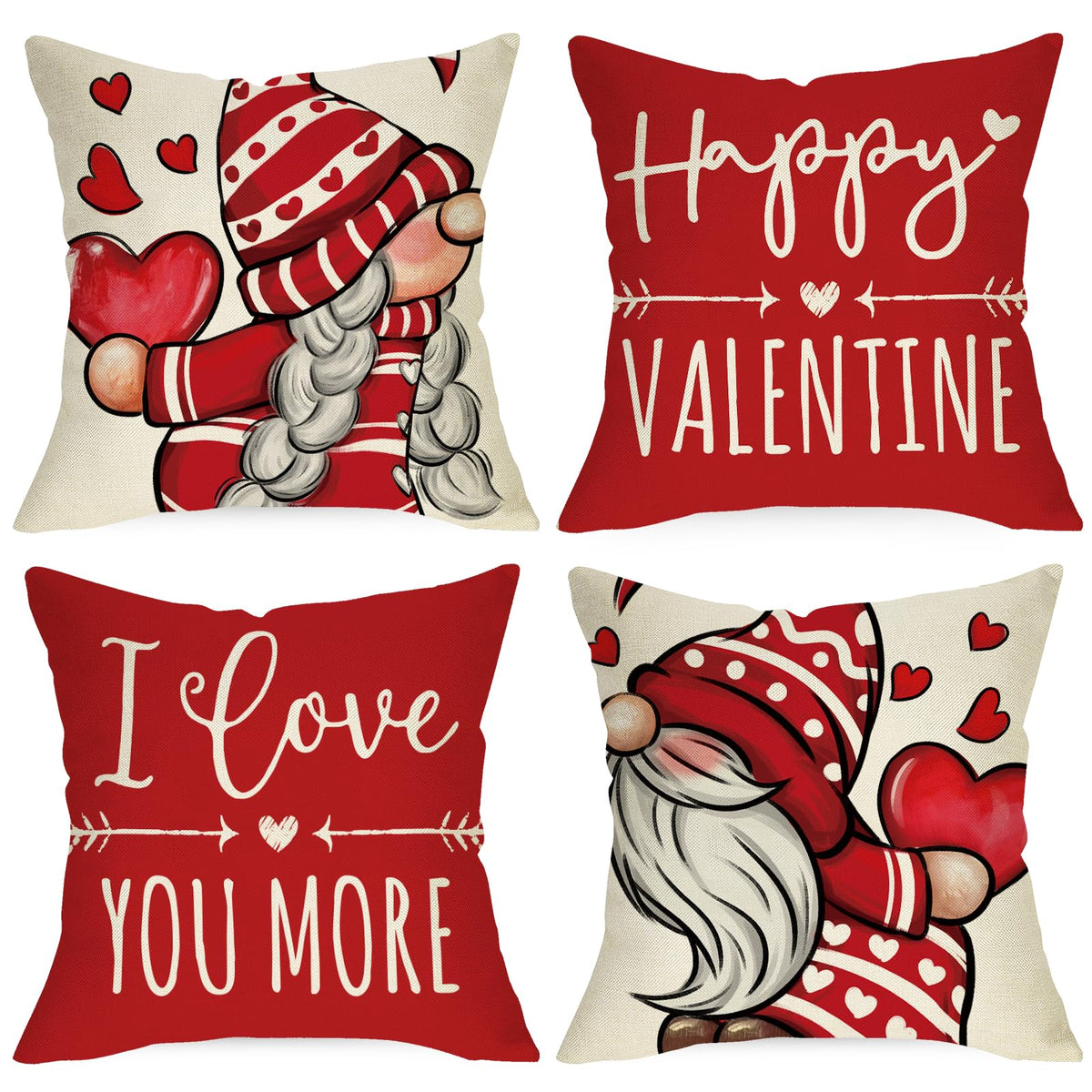 Happy Valentine's Day Gnome Red Decorative Throw Pillow Covers 18 x 18 Set of 4, I Love You More Heart Arrow
