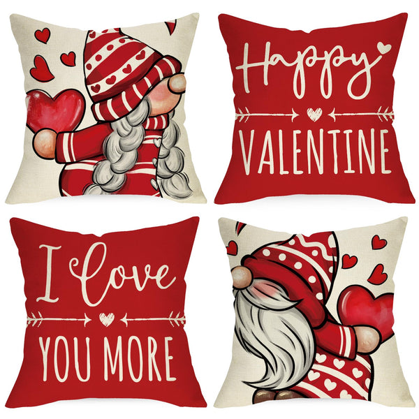 Happy Valentine's Day Gnome Red Decorative Throw Pillow Covers 18 x 18 Set of 4, I Love You More Heart Arrow