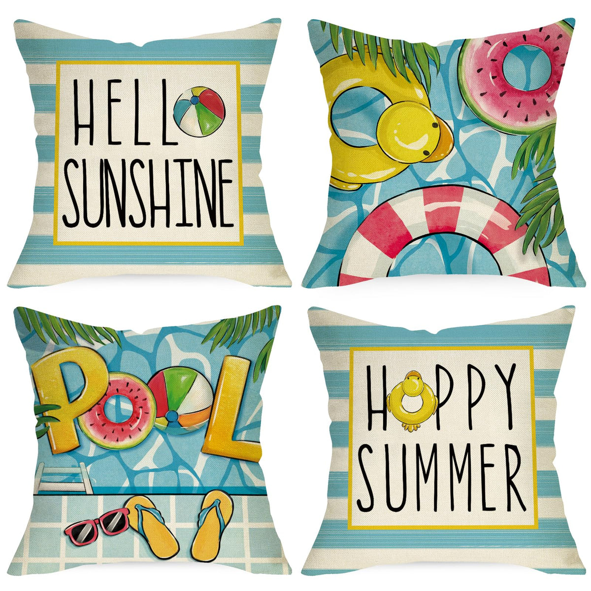 Hello Sunshine Pool Decorative Throw Pillow Covers 18x18 Set of 4, Happy Summer Duck Watermelon Swimming Ring