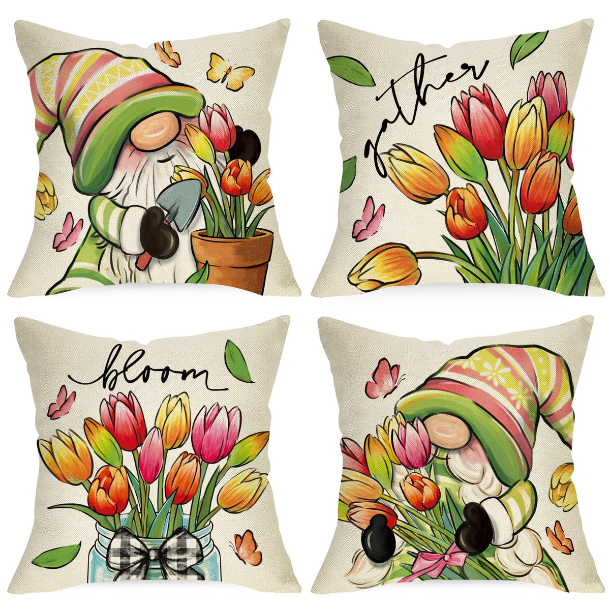 Spring Summer Gnome Decorative Throw Pillow Covers 18 x 18 Set of 4, Tulip Flower Mason Jar Gather Bloom