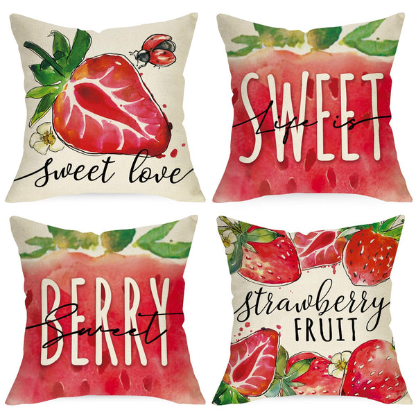 Spring Summer Strawberry Decorative Throw Pillow Covers 18 x 18 Set of 4, Life is Sweet Red Fruit Cushion Case Decor