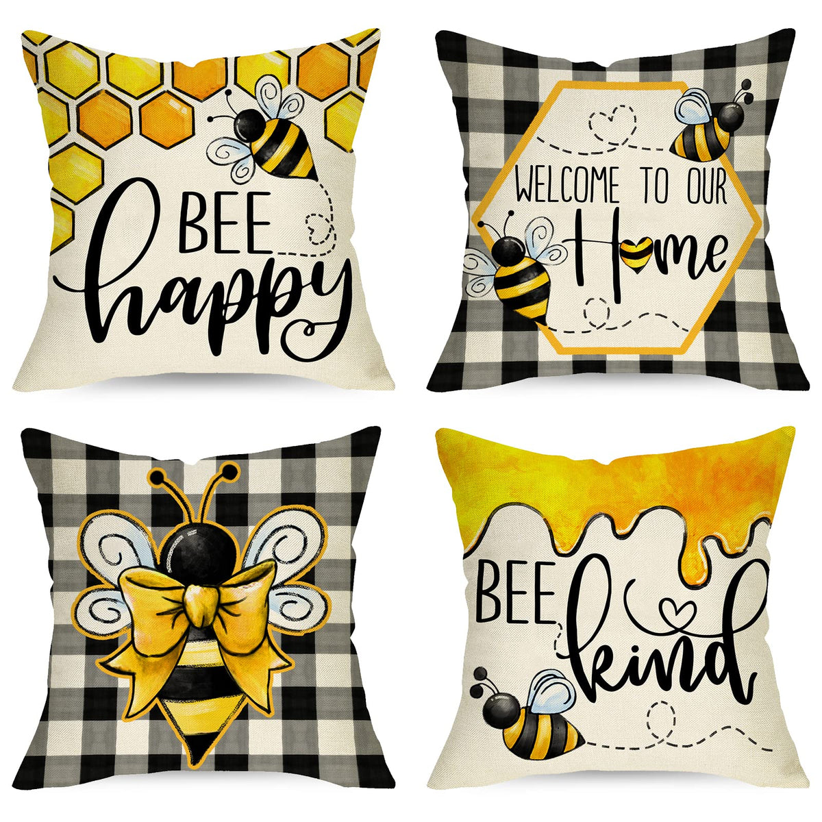 Summer Bumble Bee Happy Bee Kind Decorative Throw Pillow Covers 18 x 18 Set of 4