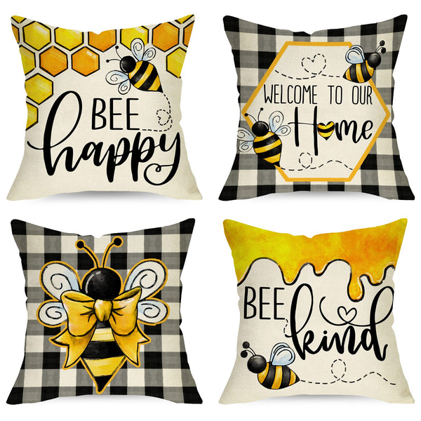 Summer Bumble Bee Happy Bee Kind Decorative Throw Pillow Covers 18 x 18 Set of 4