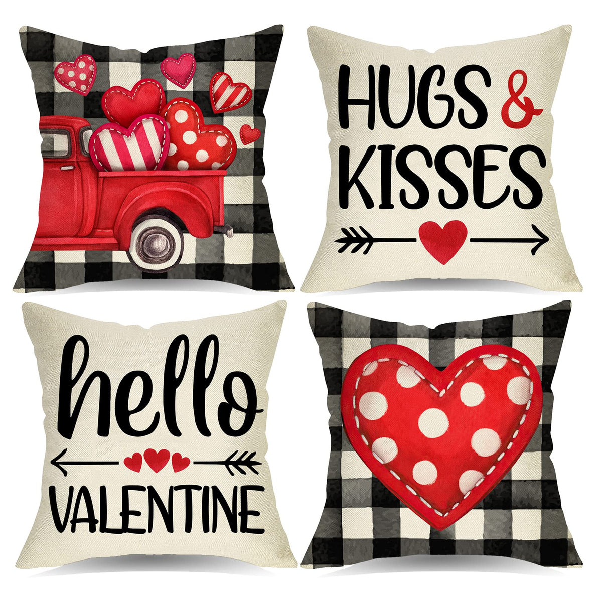 Valentine's Day Hugs Kisses Decorative Throw Pillow Covers 18 x 18 Set of 4, Holiday Red Heart Arrow Buffalo Plaid