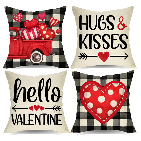 Valentine's Day Hugs Kisses Decorative Throw Pillow Covers 18 x 18 Set of 4, Holiday Red Heart Arrow Buffalo Plaid