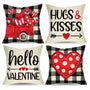Valentine's Day Hugs Kisses Decorative Throw Pillow Covers 18 x 18 Set of 4, Holiday Red Heart Arrow Buffalo Plaid
