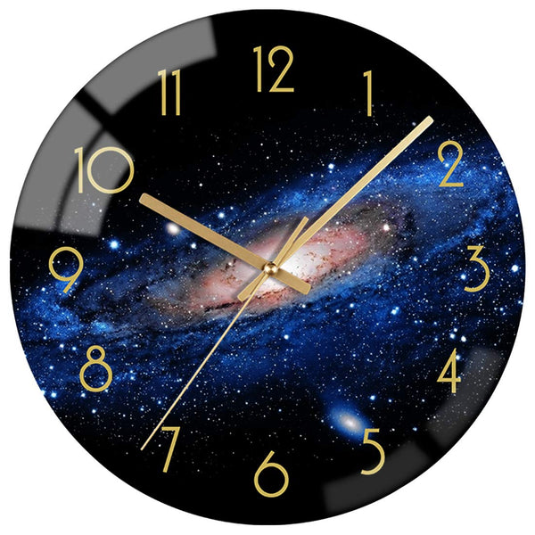 Black Wall Clock 12 Inch Silent Non-Ticking Quartz Battery Operated Glass Night Sky Pattern