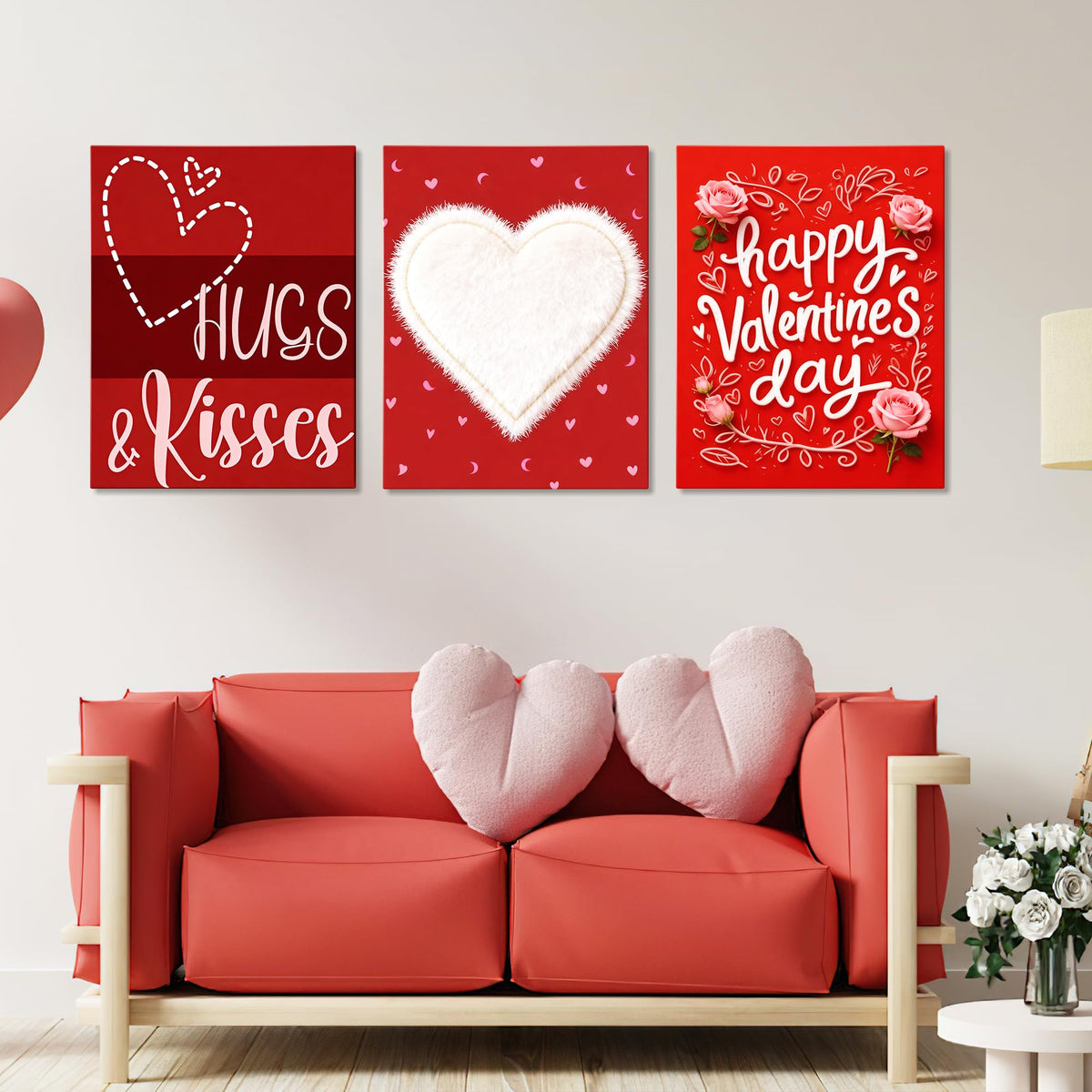 Framed Valentine's Day Wall Art Prints Sweet Pink Heart Love Posters,Waterproof Canvas Wall Art Painting,Romantic Love Posters