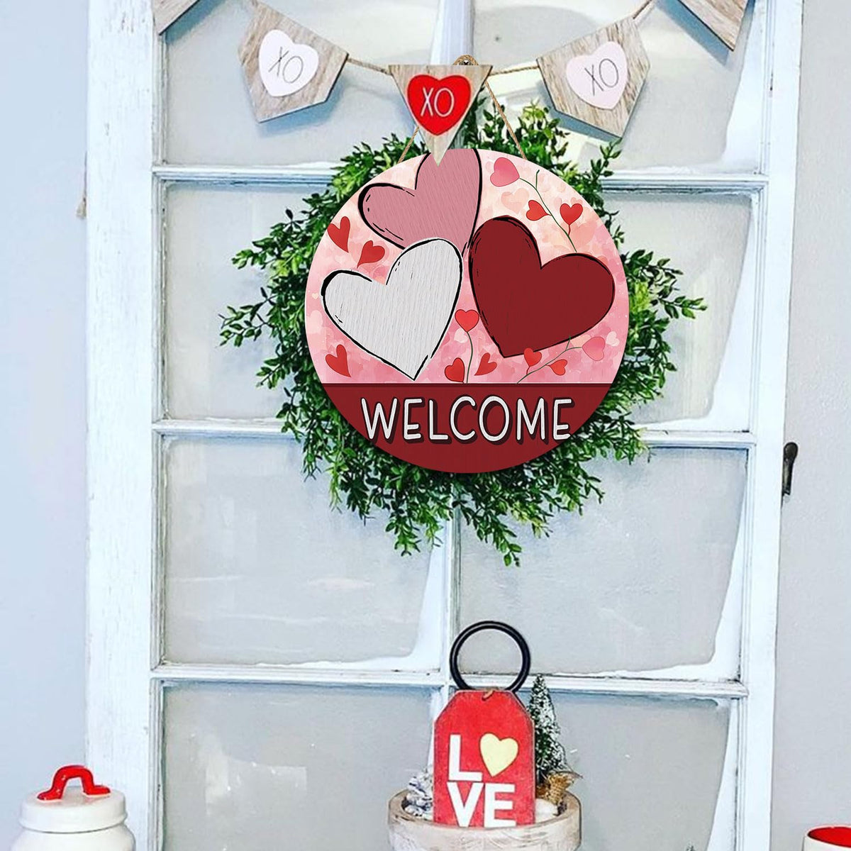 Valentine St Patricks Day Wreath for Front Door, Valentine Heart Door Decorations, Valentine's Day Door Hanger Wooden Sign