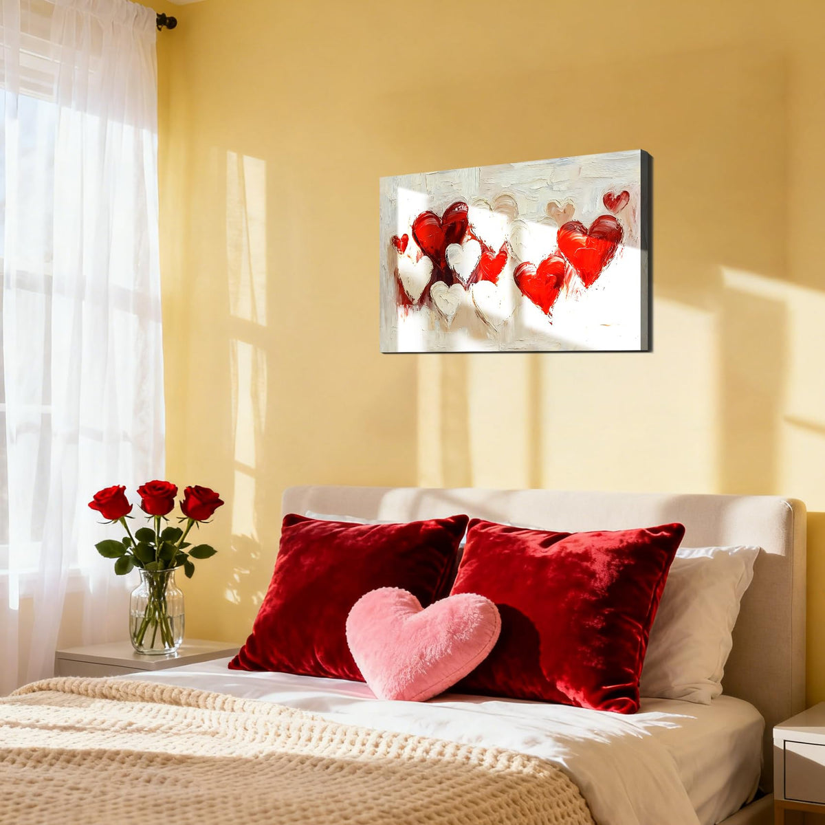 Valentine’s Day Framed Canvas Wall Art 8x12, Romantic Red Heart Canvas Prints for Living Room