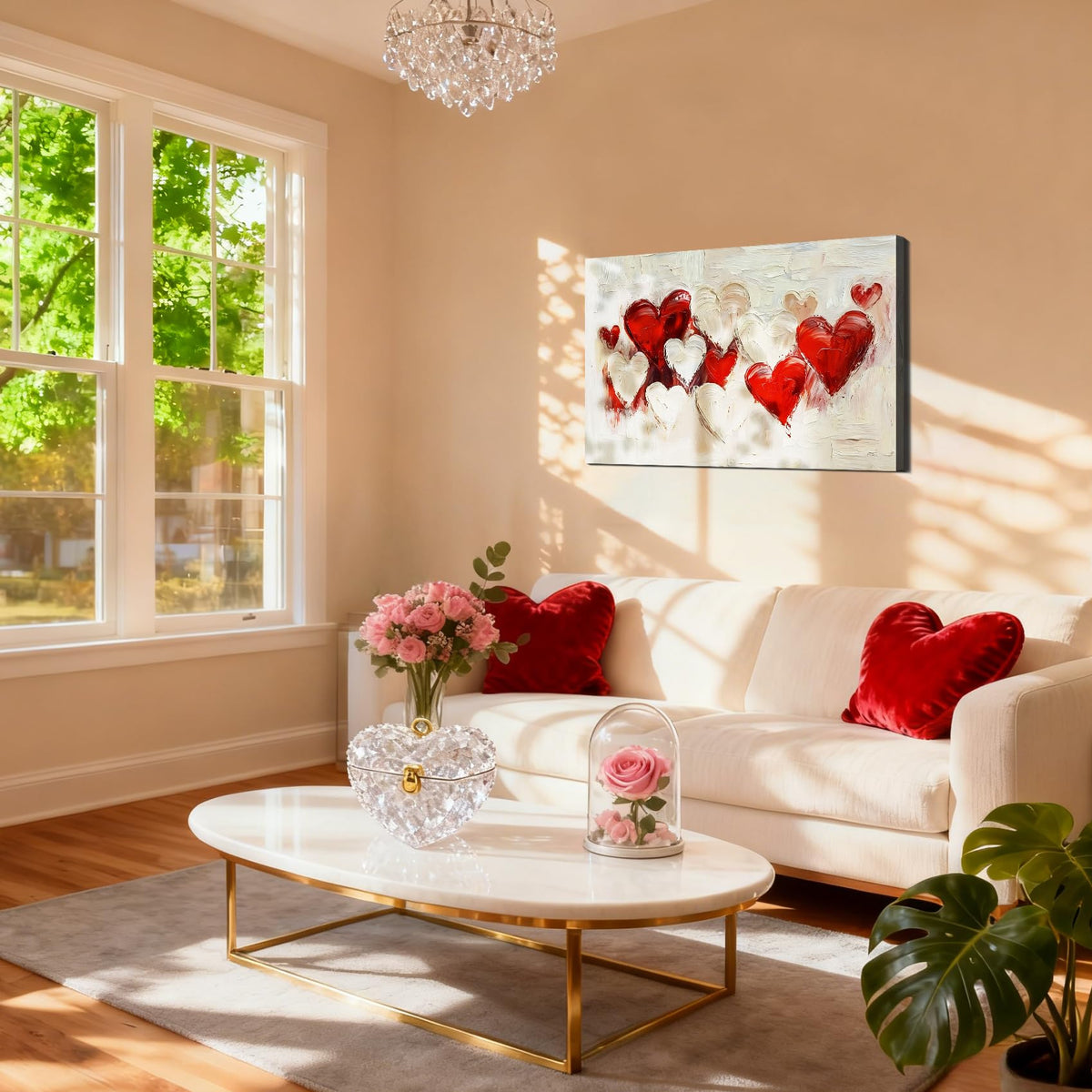 Valentine’s Day Framed Canvas Wall Art 8x12, Romantic Red Heart Canvas Prints for Living Room