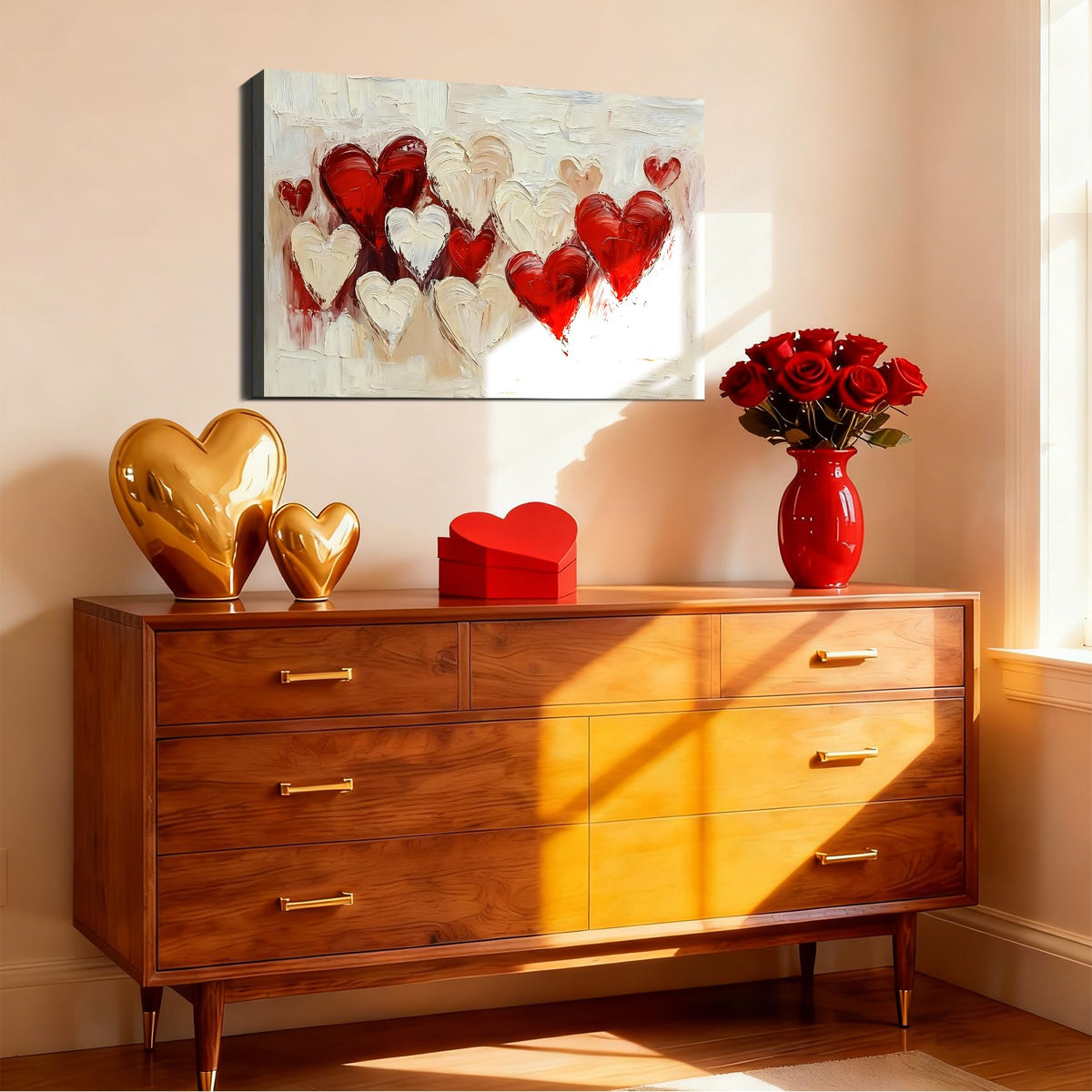 Valentine’s Day Framed Canvas Wall Art 8x12, Romantic Red Heart Canvas Prints for Living Room