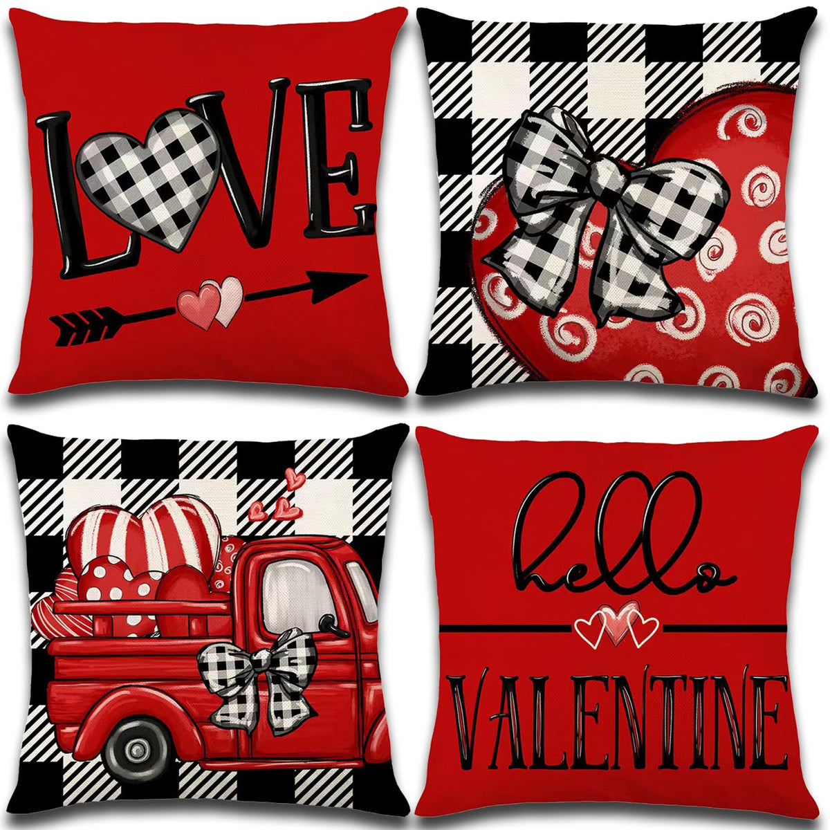 Valentines Day Decorations-Throw Pillow Covers 18x18 in set of 4, Red Buffalo Plaid Heart Love Truck