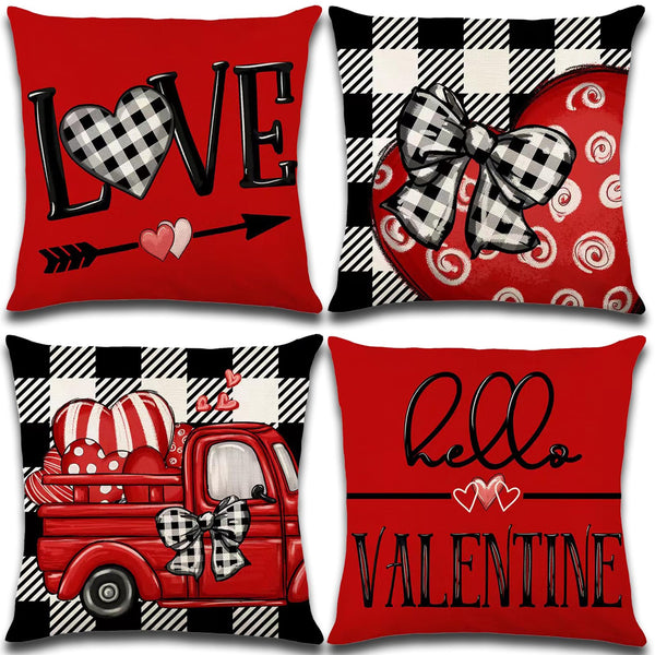 Valentines Day Decorations-Throw Pillow Covers 18x18 in set of 4, Red Buffalo Plaid Heart Love Truck