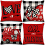 Valentines Day Decorations-Throw Pillow Covers 18x18 in set of 4, Red Buffalo Plaid Heart Love Truck