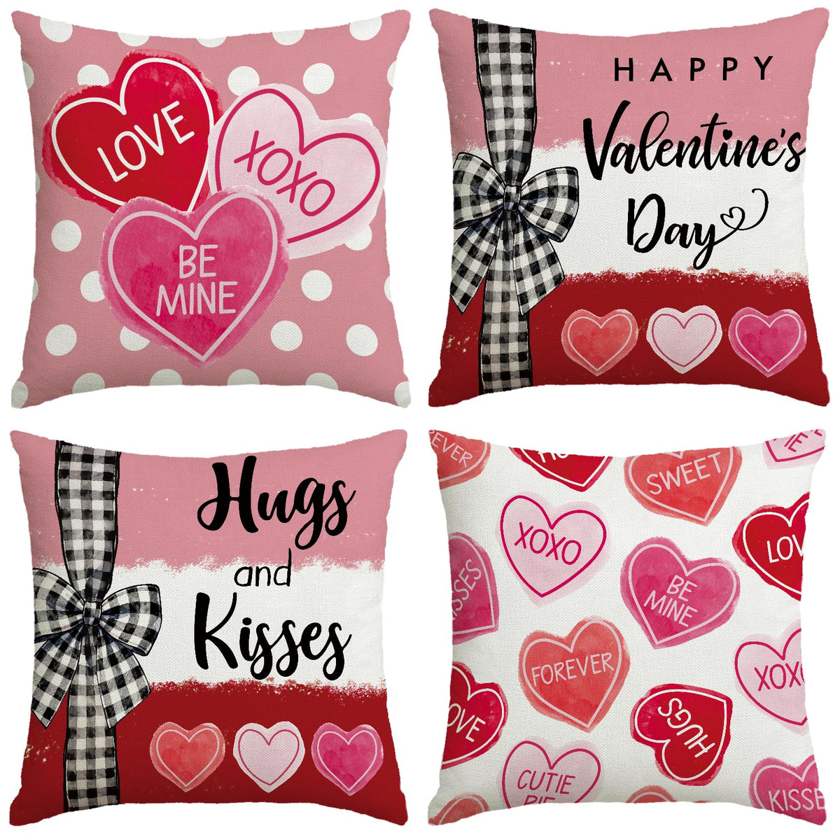 Valentines Day Decorations-Valentine Pillow Covers 18x18 Set of 4, Pink Red Hearts Be Mine Happy Valentine's Day