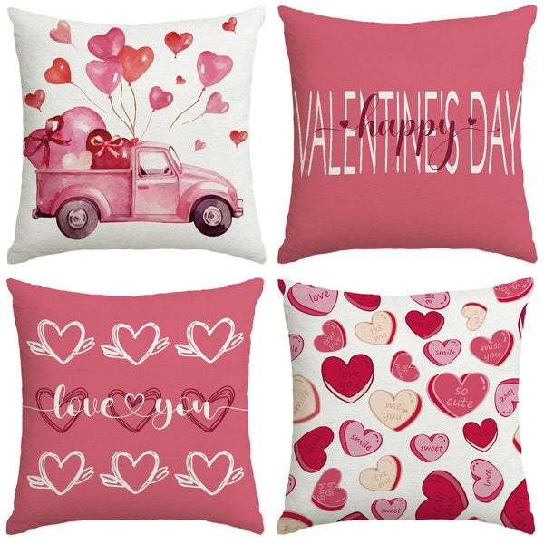 Valentines Day Decorations-Valentine Pillow Covers 18x18 Set of 4, Pink Hearts Love You Happy Valentine's Day