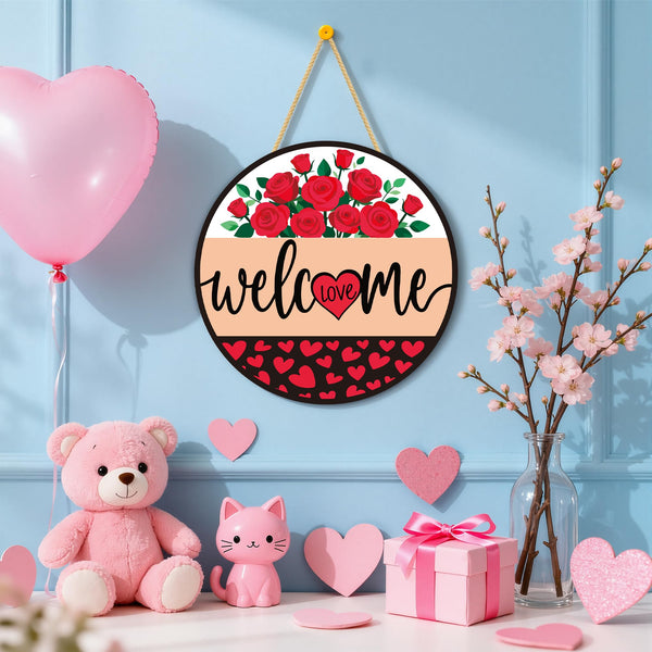 Valentines Day Decorations - Wreath Welcome Sign for Front Door | Rustic Round Wood Wreaths,Heart Rose Garland Outdoor Indoor