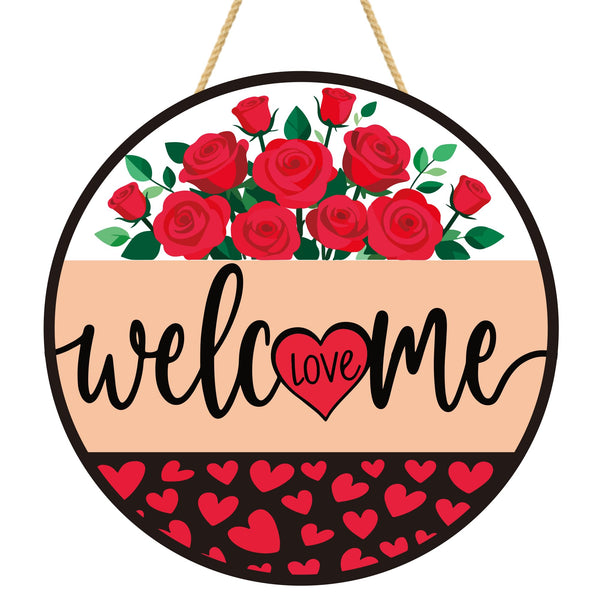 Valentines Day Decorations - Wreath Welcome Sign for Front Door | Rustic Round Wood Wreaths,Heart Rose Garland Outdoor Indoor