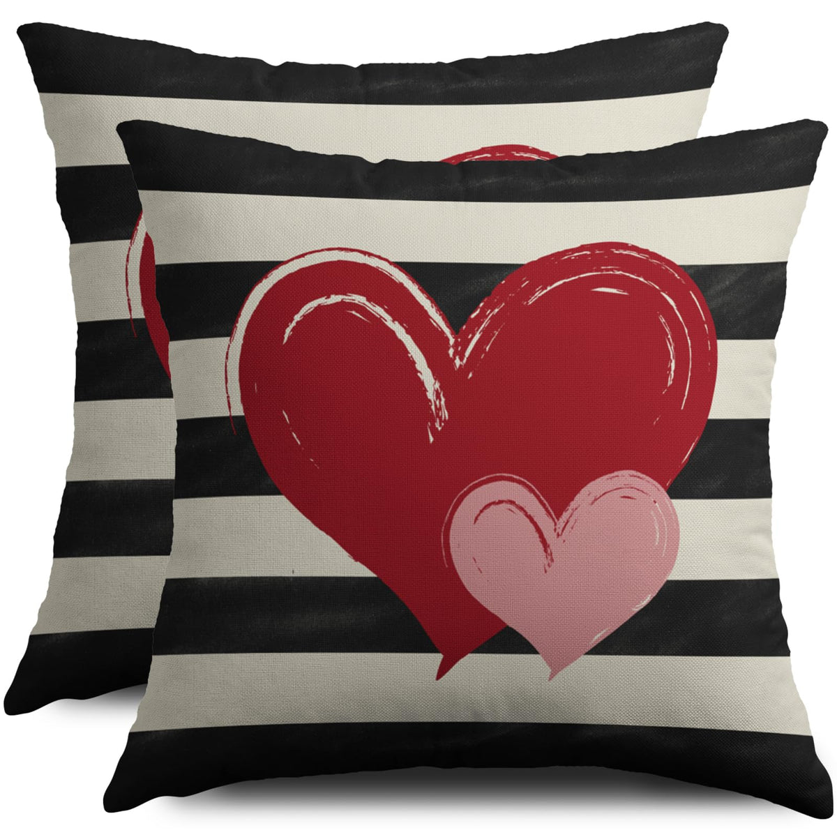 Waterproof Valentines Day Pillow Covers 18X18 Set of 2, Red Pink Love Heart Valentine's Pattern Black Striped Print
