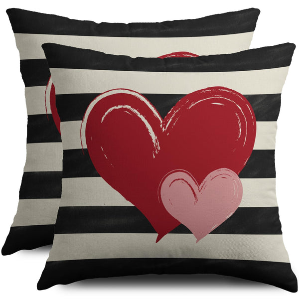 Waterproof Valentines Day Pillow Covers 18X18 Set of 2, Red Pink Love Heart Valentine's Pattern Black Striped Print