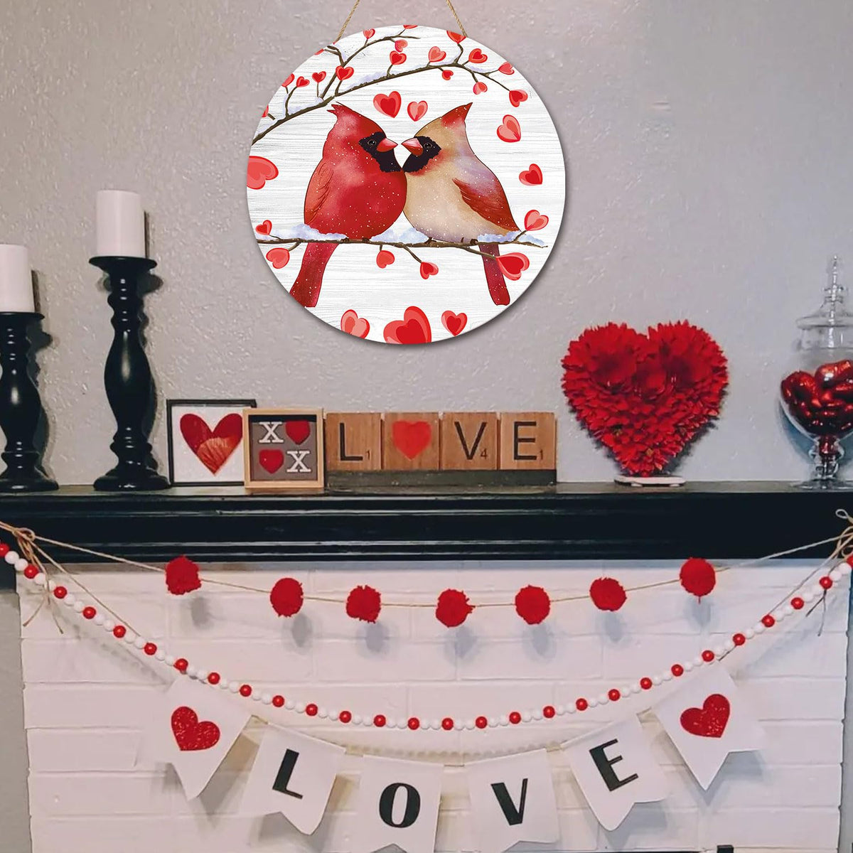 Valentines Day Wreath for Front Door, Valentine Cardinal Door Decorations, Valentine's Day Door Hanger Wooden Sign