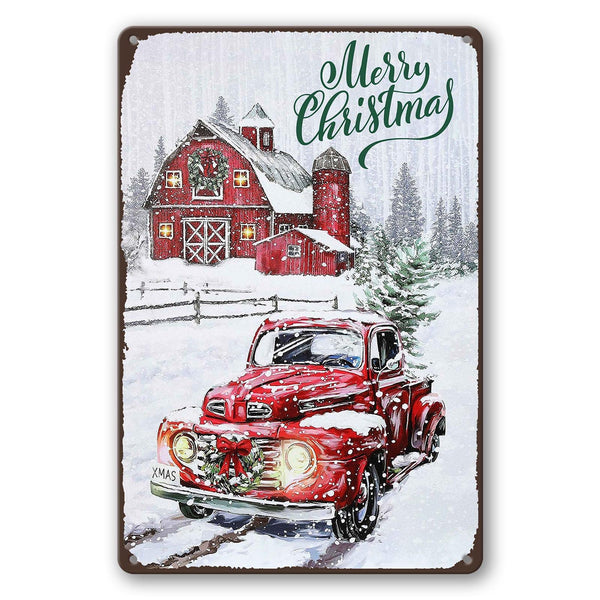 Vintage Christmas Red Truck Wall Sign - Metal Plaque Sign Decorations - 8x12 Inch