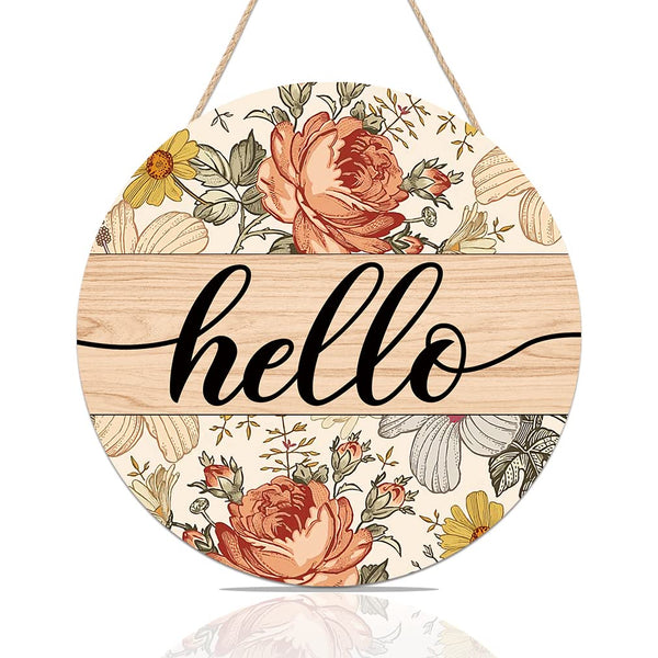 Vintage Hello Sign for Front Door, Boho Hello Door Sign with Flowers, Colorful Floral Welcome Wooden Hanging Sign Decor for Holidays