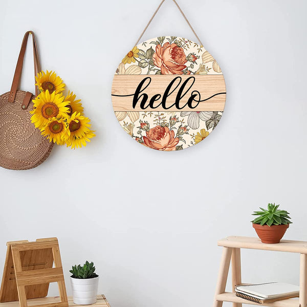 Vintage Hello Sign for Front Door, Boho Hello Door Sign with Flowers, Colorful Floral Welcome Wooden Hanging Sign Decor for Holidays
