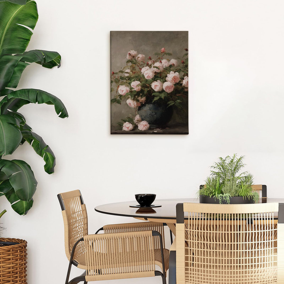 Vintage Valentine's Day Pink Rose Floral Framed Wall Decor, Farmhouse Cottagecore Flower Botanical Canvas Wall Art