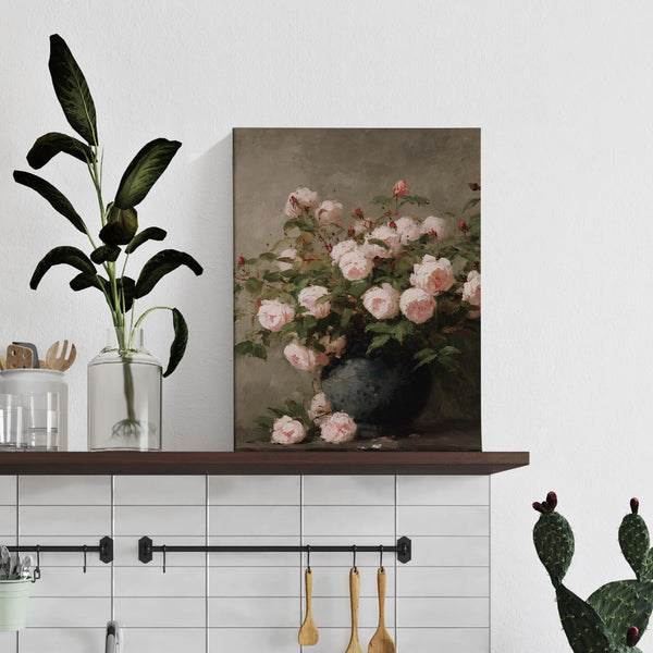 Vintage Valentine's Day Pink Rose Floral Framed Wall Decor, Farmhouse Cottagecore Flower Botanical Canvas Wall Art