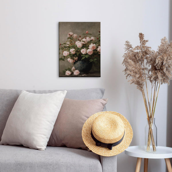 Vintage Valentine's Day Pink Rose Floral Framed Wall Decor, Farmhouse Cottagecore Flower Botanical Canvas Wall Art