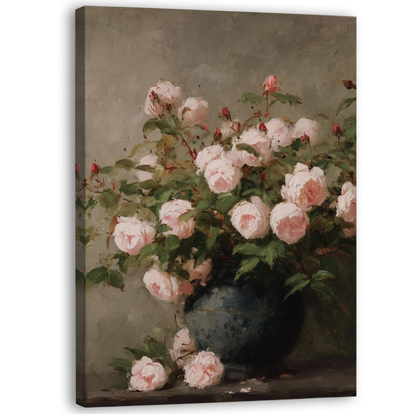 Vintage Valentine's Day Pink Rose Floral Framed Wall Decor, Farmhouse Cottagecore Flower Botanical Canvas Wall Art