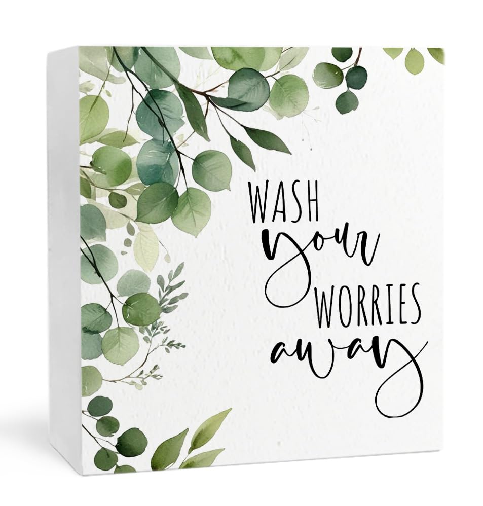 Wash Your Worries Away Funny Bathroom Wooden Box Sign, Eucalyptus Botanical Wood Signs
