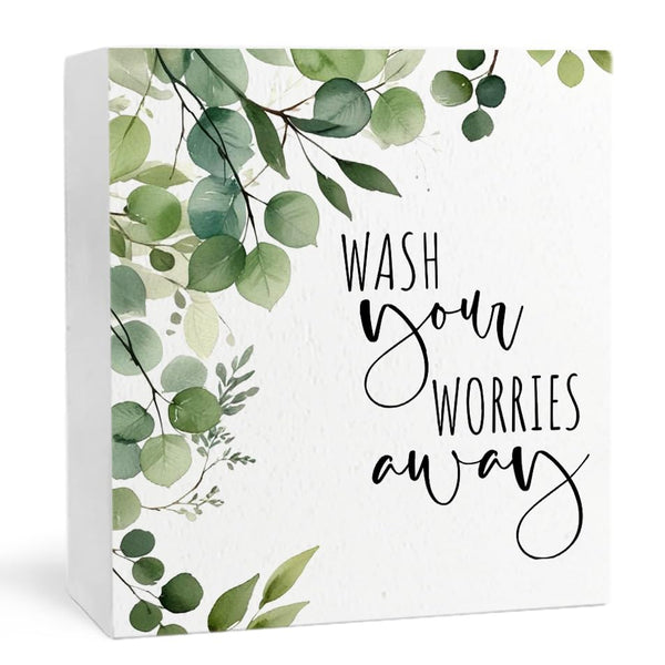 Wash Your Worries Away Funny Bathroom Wooden Box Sign, Eucalyptus Botanical Wood Signs