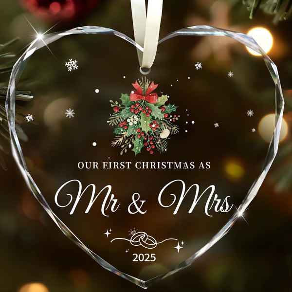Wedding Gifts for Couples 2025, Our First Christmas as Mr and Mrs Ornament 2025 Engagement Gift Crystal Glass Ornament