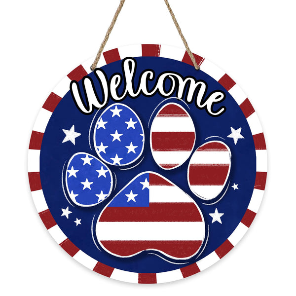 Welcome 4th of July Dog Cat Paw Prints Front Door Sign, Patriotic America Wood Door Hanger Outdoor Outside Porch Decor