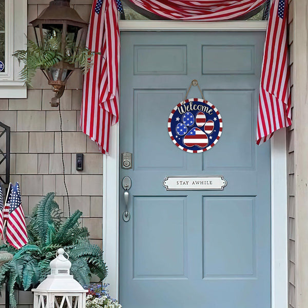 Welcome 4th of July Dog Cat Paw Prints Front Door Sign, Patriotic America Wood Door Hanger Outdoor Outside Porch Decor