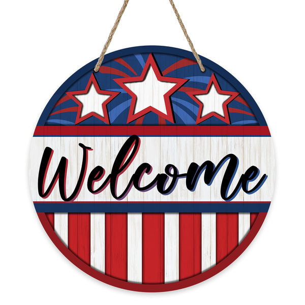 Welcome 4th of July Front Door Sign, Patriotic America Stars Stripes Wood Door Hanger Outdoor Outside Porch Decor