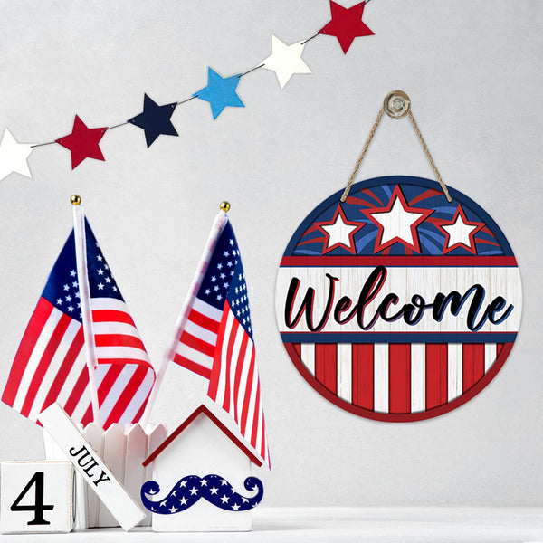 Welcome 4th of July Front Door Sign, Patriotic America Stars Stripes Wood Door Hanger Outdoor Outside Porch Decor