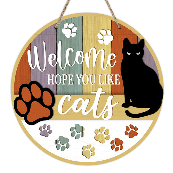 Welcome Hope You Like Cats Front Door Sign, Black Cat Paw Prints Wood Door Hanger Outdoor Outside Porch Decor