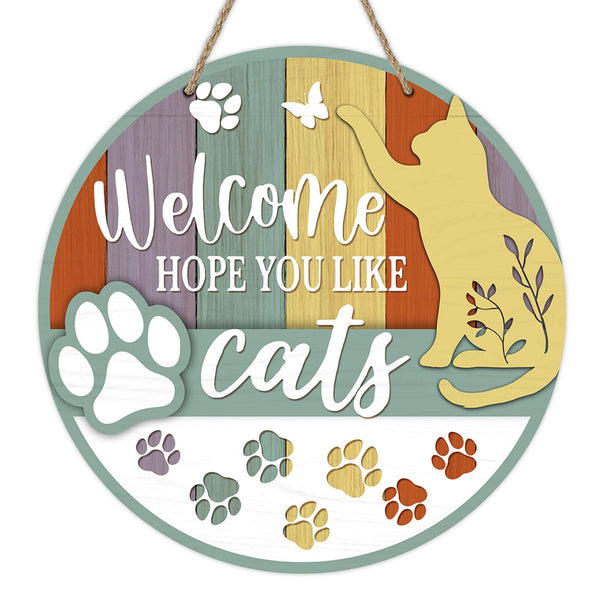 Welcome Hope You Like Cats Front Door Sign, Paw Prints Wood Door Hanger Outdoor Outside Porch Decor, Farmhouse Wooden Wreath