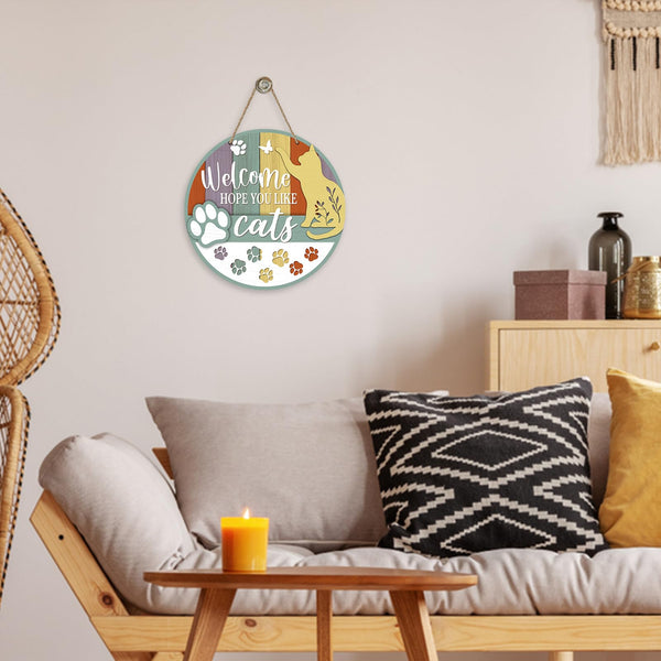 Welcome Hope You Like Cats Front Door Sign, Paw Prints Wood Door Hanger Outdoor Outside Porch Decor, Farmhouse Wooden Wreath