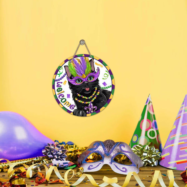Welcome Mardi Gras Black Cat Front Door Sign, Mask New Orleans Carnival Wood Door Hanger Outdoor Outside Porch Decor