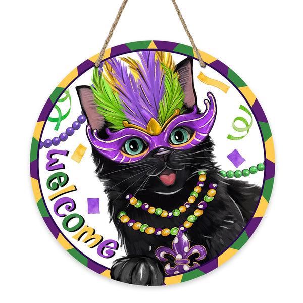 Welcome Mardi Gras Black Cat Front Door Sign, Mask New Orleans Carnival Wood Door Hanger Outdoor Outside Porch Decor