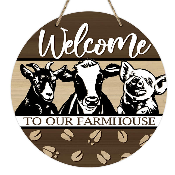 Welcome to Our Farmhouse Front Door Sign, Farm Animals Cow Pig Goat Wood Door Hanger Outdoor Outside Porch Decor
